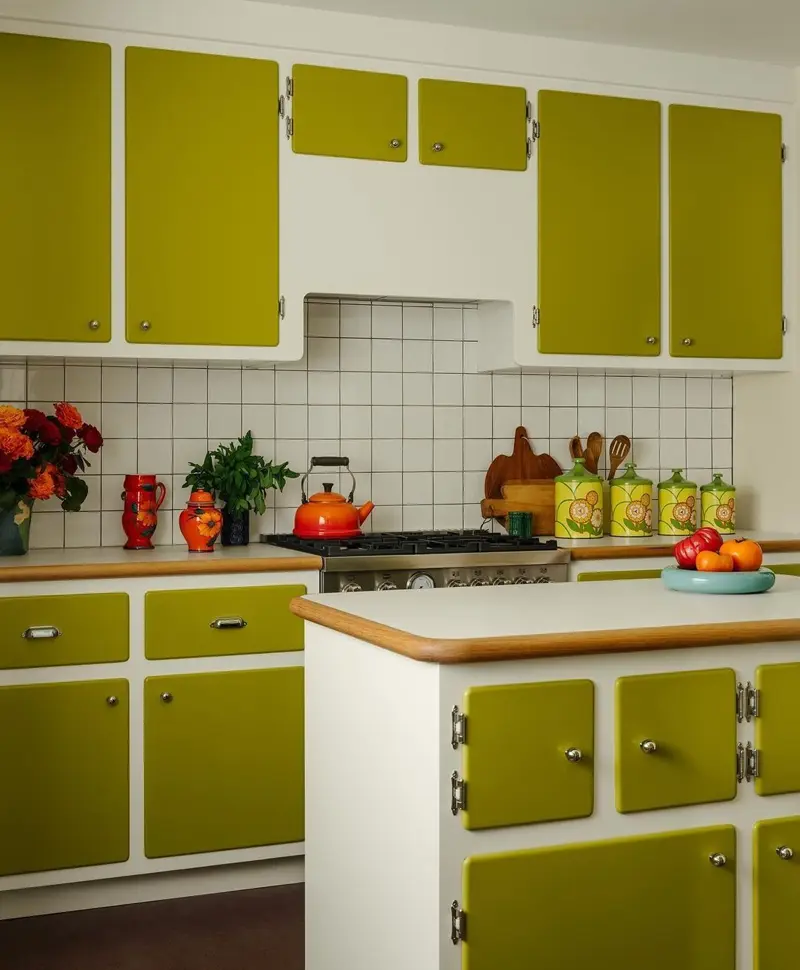Cocina de años 70 con isla carectirizado con puertas color verde oliba y encimera blanca con terminación de liston de madera